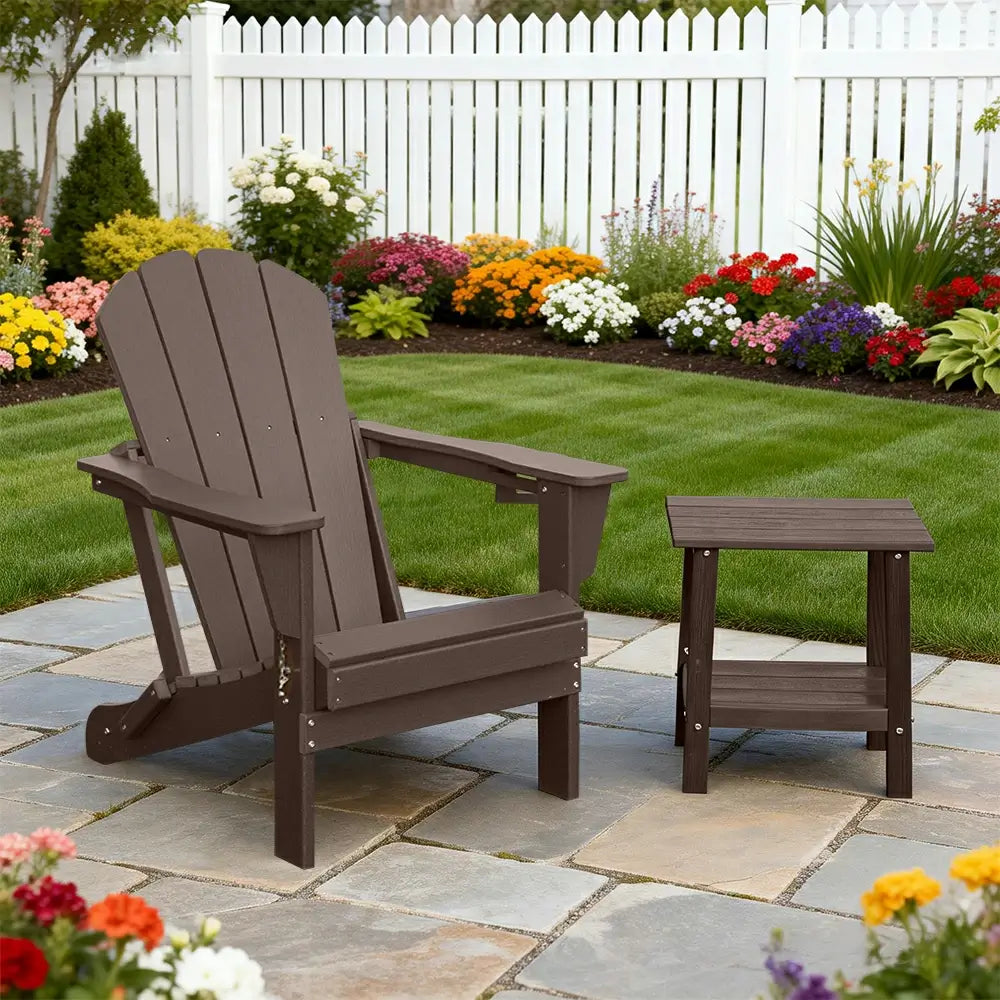 Domi Klassischer Adirondack-Sessel aus HDPE, wetterfester Gartenstuhl mit Getränkehalter #Farbe_Braun