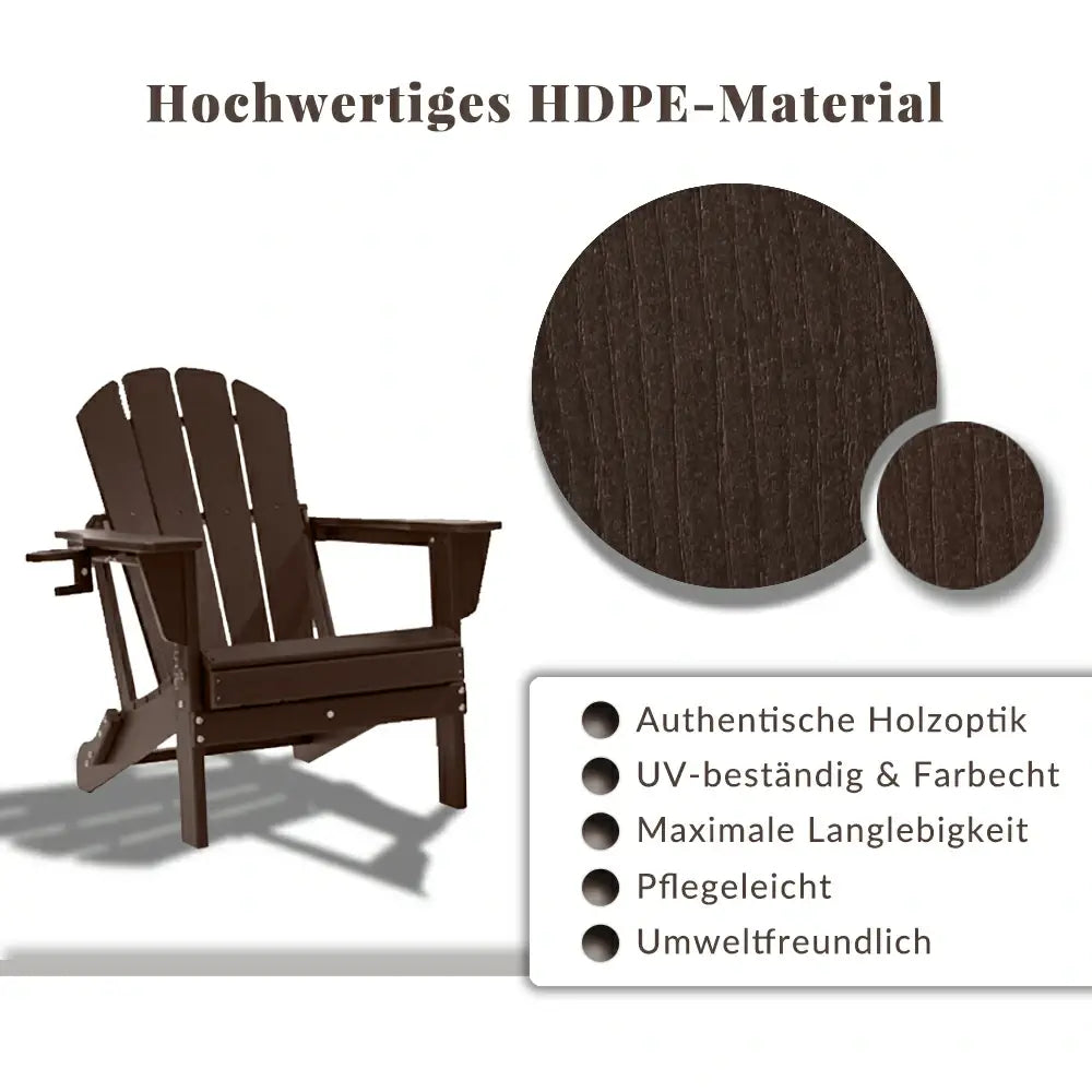 Domi Klassischer Adirondack-Sessel aus HDPE, wetterfester Gartenstuhl mit Getränkehalter #Farbe_Braun