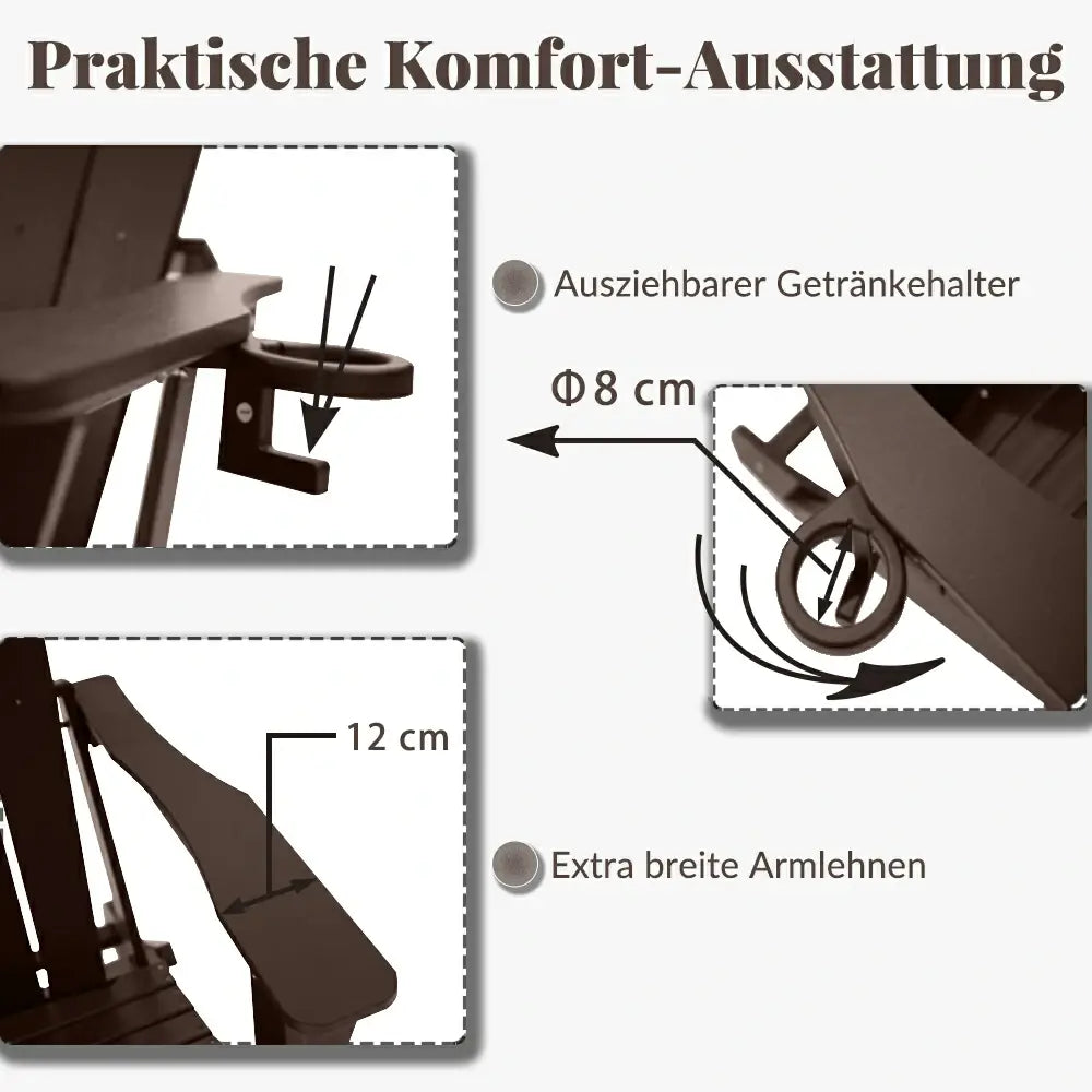 Domi Klassischer Adirondack-Sessel aus HDPE, wetterfester Gartenstuhl mit Getränkehalter #Farbe_Braun
