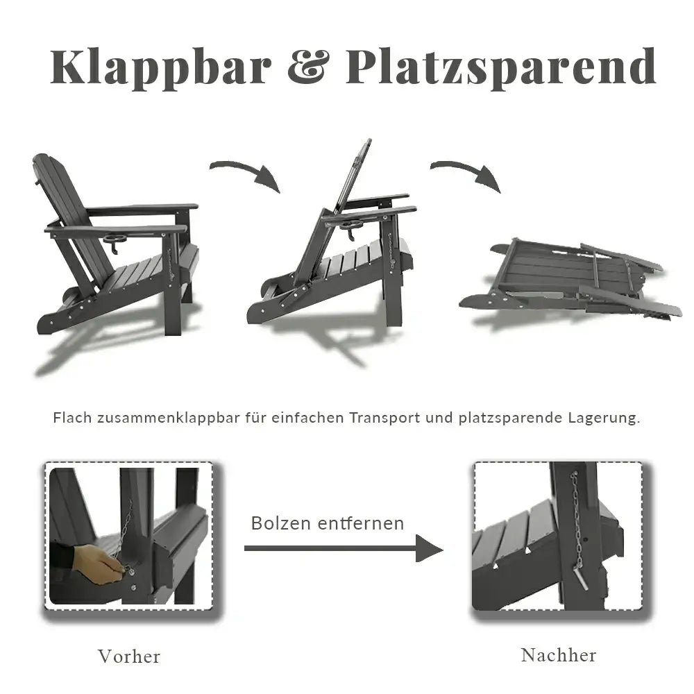 Domi Klassischer Adirondack-Sessel aus HDPE, wetterfester Gartenstuhl mit Getränkehalter #Farbe_Grau