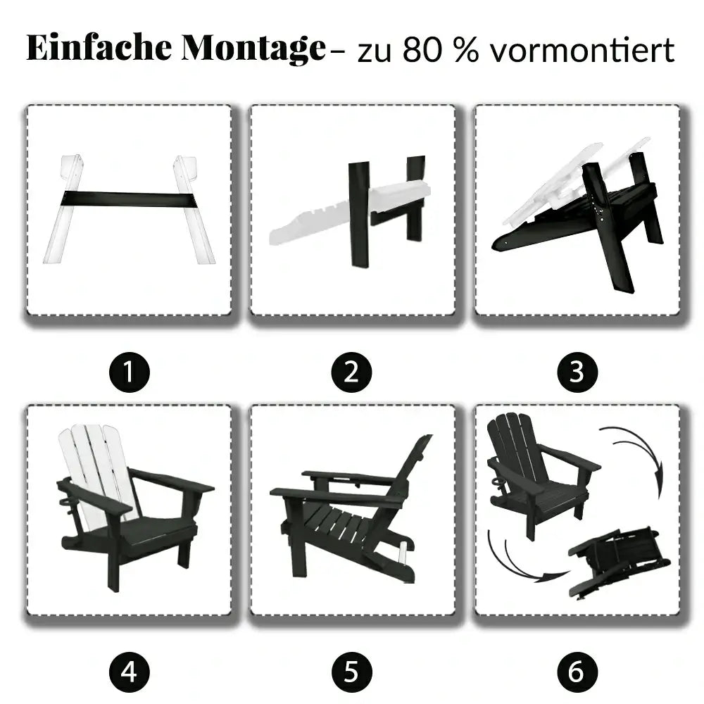 Domi Klassischer Adirondack-Sessel aus HDPE, wetterfester Gartenstuhl mit Getränkehalter #Farbe_Schwarz