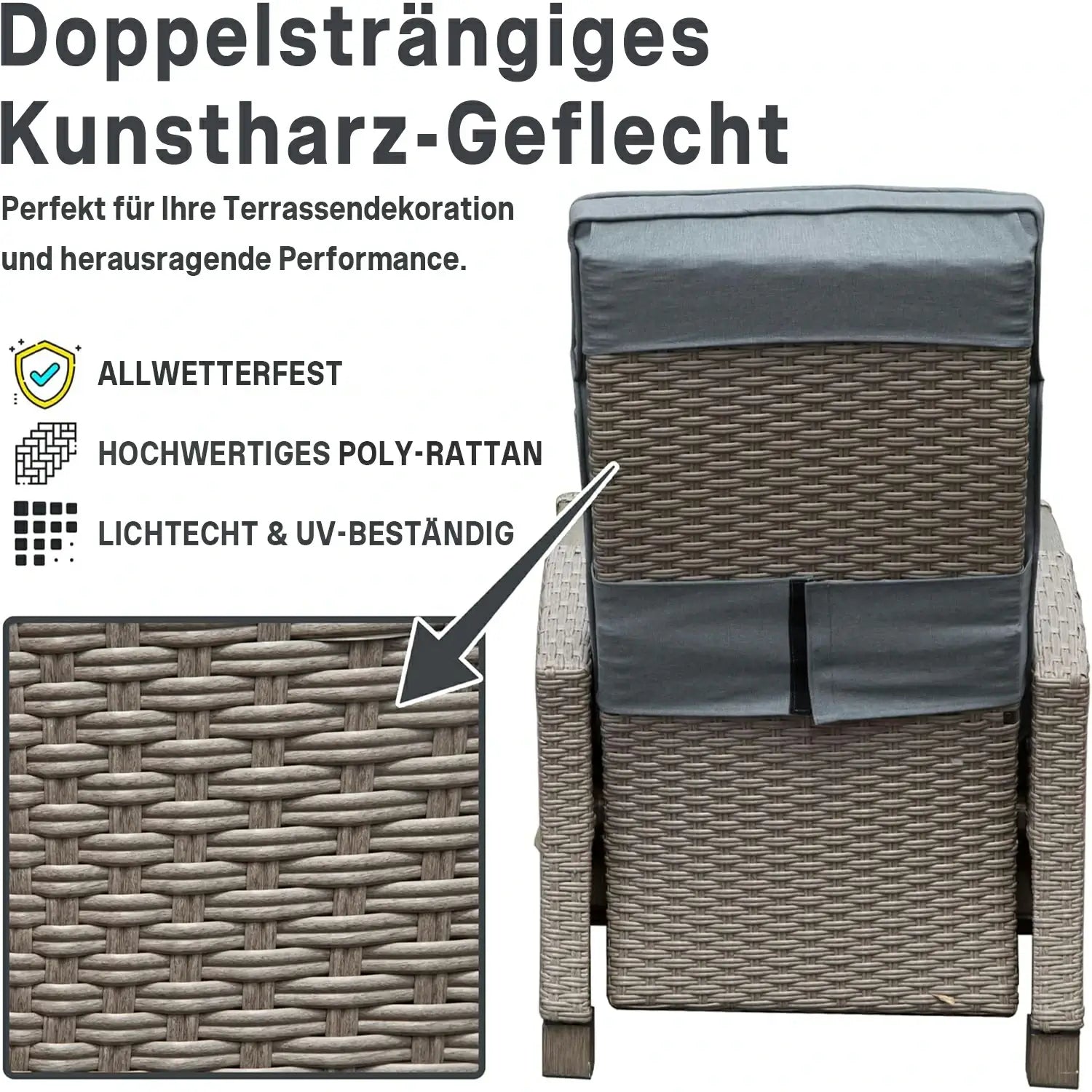 Domi Verstellbarer Garten-Relaxsessel aus Polyratten#Farbe_Grau