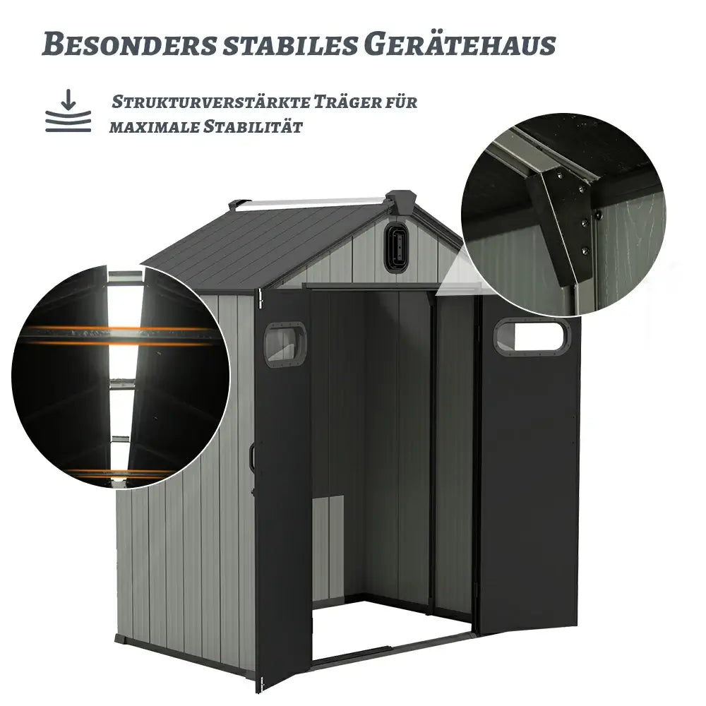 Domi Gerätehaus aus Kunstharz mit Satteldach Grau, wetterfester Geräteschuppen für den Garten #Größe_1,59 x 1 m