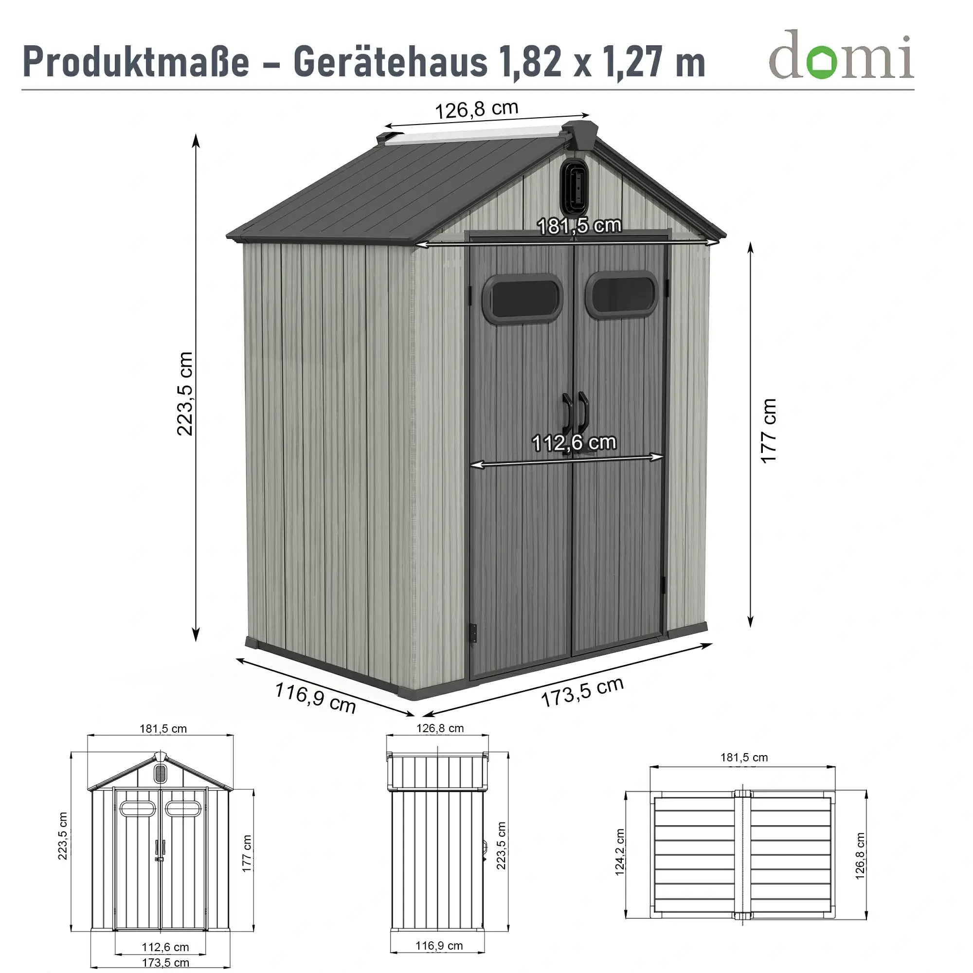 Domi Gerätehaus aus Kunstharz mit Satteldach Grau, wetterfester Geräteschuppen für den Garten #Größe_1,82 x 1,27 m