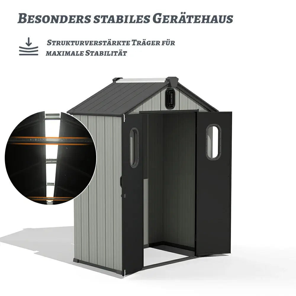 Domi Gerätehaus aus Kunstharz mit Satteldach Grau, wetterfester Geräteschuppen für den Garten #Größe_1,82 x 1,27 m