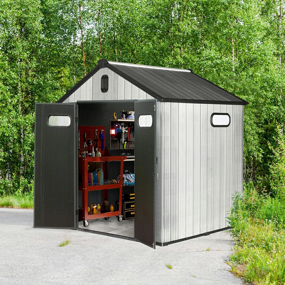 Domi Gerätehaus aus Kunstharz mit Satteldach Grau, wetterfester Geräteschuppen für den Garten #Größe_2,38 x 1,83 m