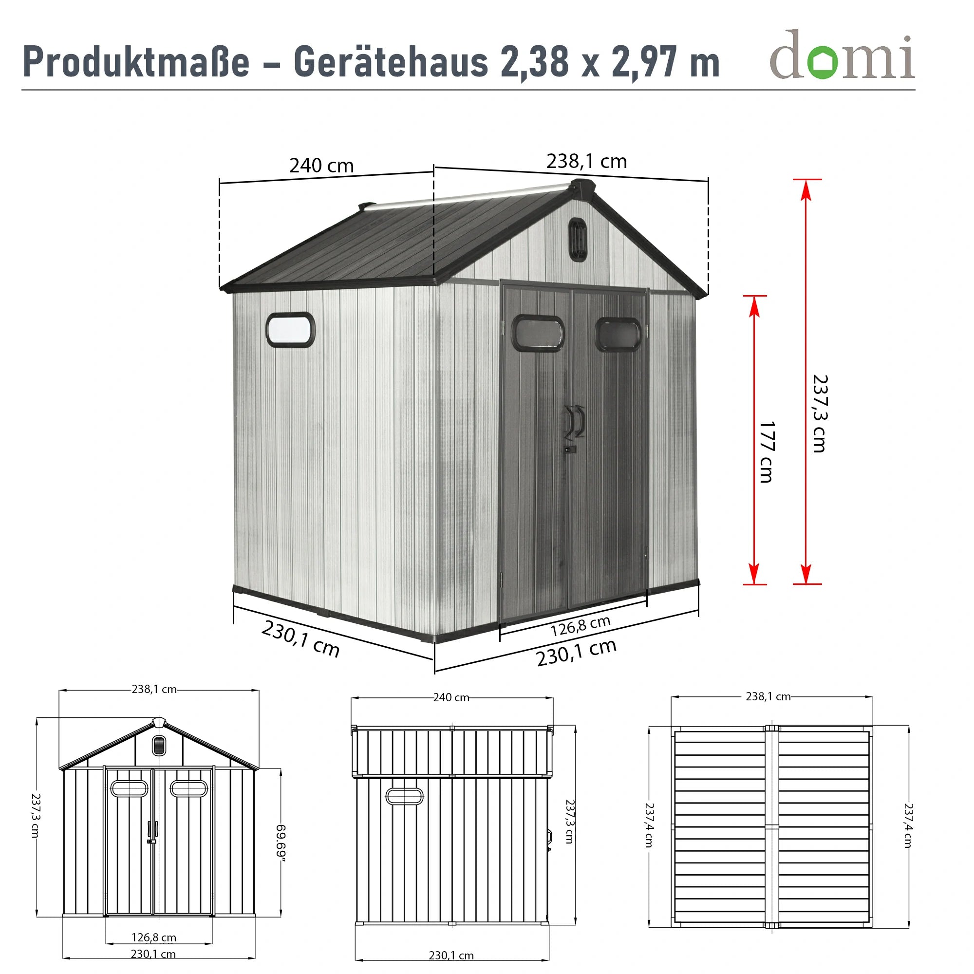 Domi Gerätehaus aus Kunstharz mit Satteldach Grau, wetterfester Geräteschuppen für den Garten #Größe_2,38 x 2,4 m
