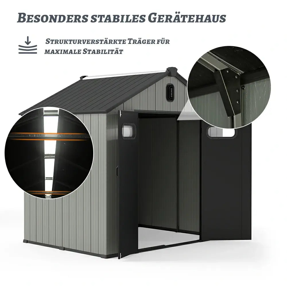Domi Gerätehaus aus Kunstharz mit Satteldach Grau, wetterfester Geräteschuppen für den Garten #Größe_2,38 x 2,4 m