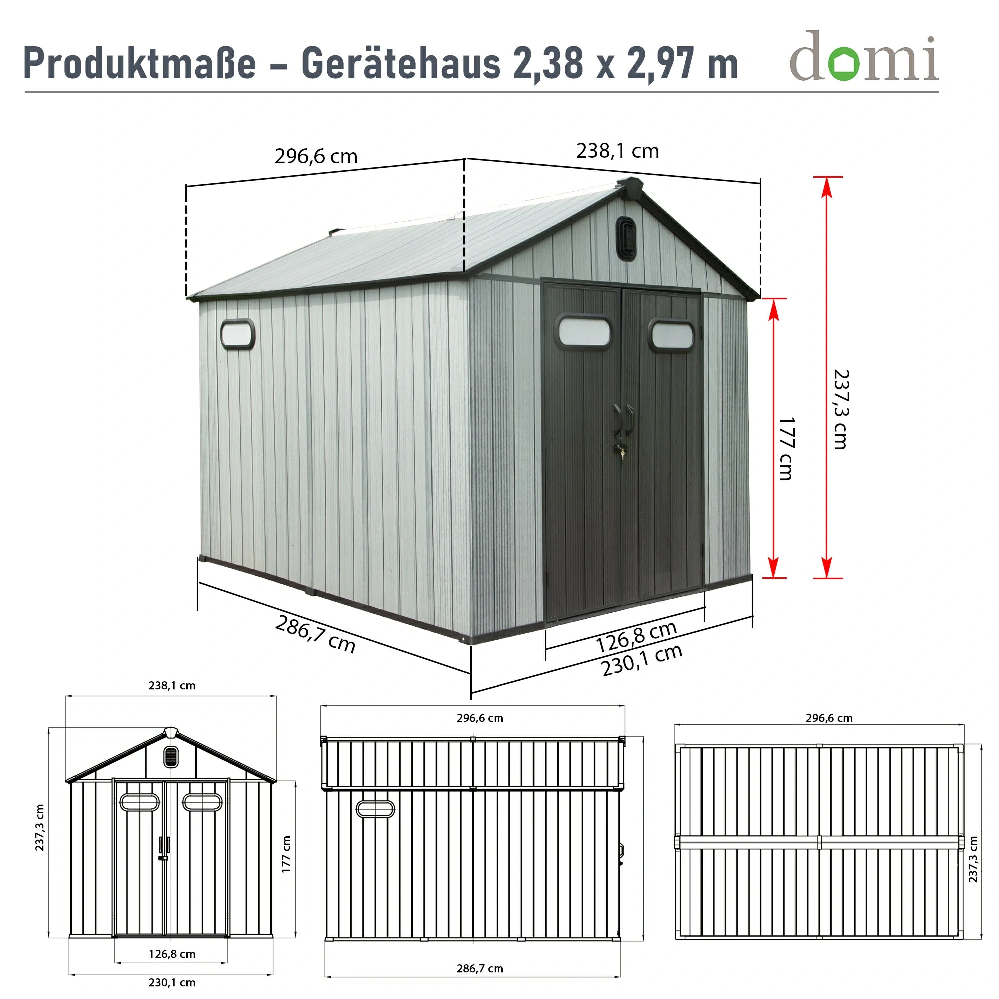 Domi Gerätehaus aus Kunstharz mit Satteldach Grau, wetterfester Geräteschuppen für den Garten #Größe_2,38 x 2,97 m