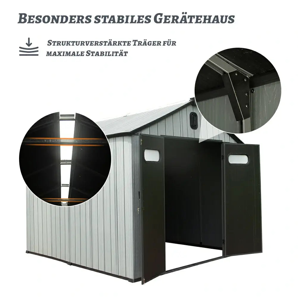 Domi Gerätehaus aus Kunstharz mit Satteldach Grau, wetterfester Geräteschuppen für den Garten #Größe_2,38 x 3,53 m
