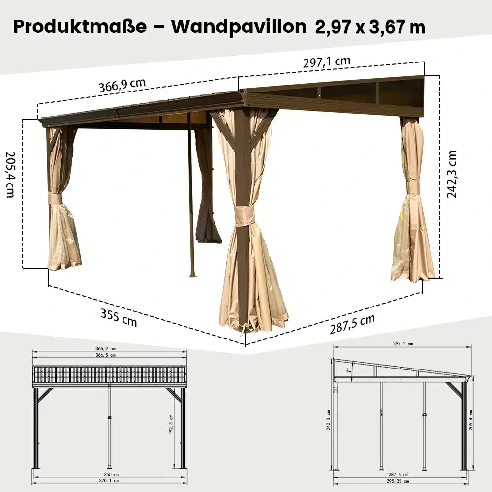 Domi Hardtop Wandpavillon Braun Anlehnpavillon #Größe_2,97 x 3,67 m