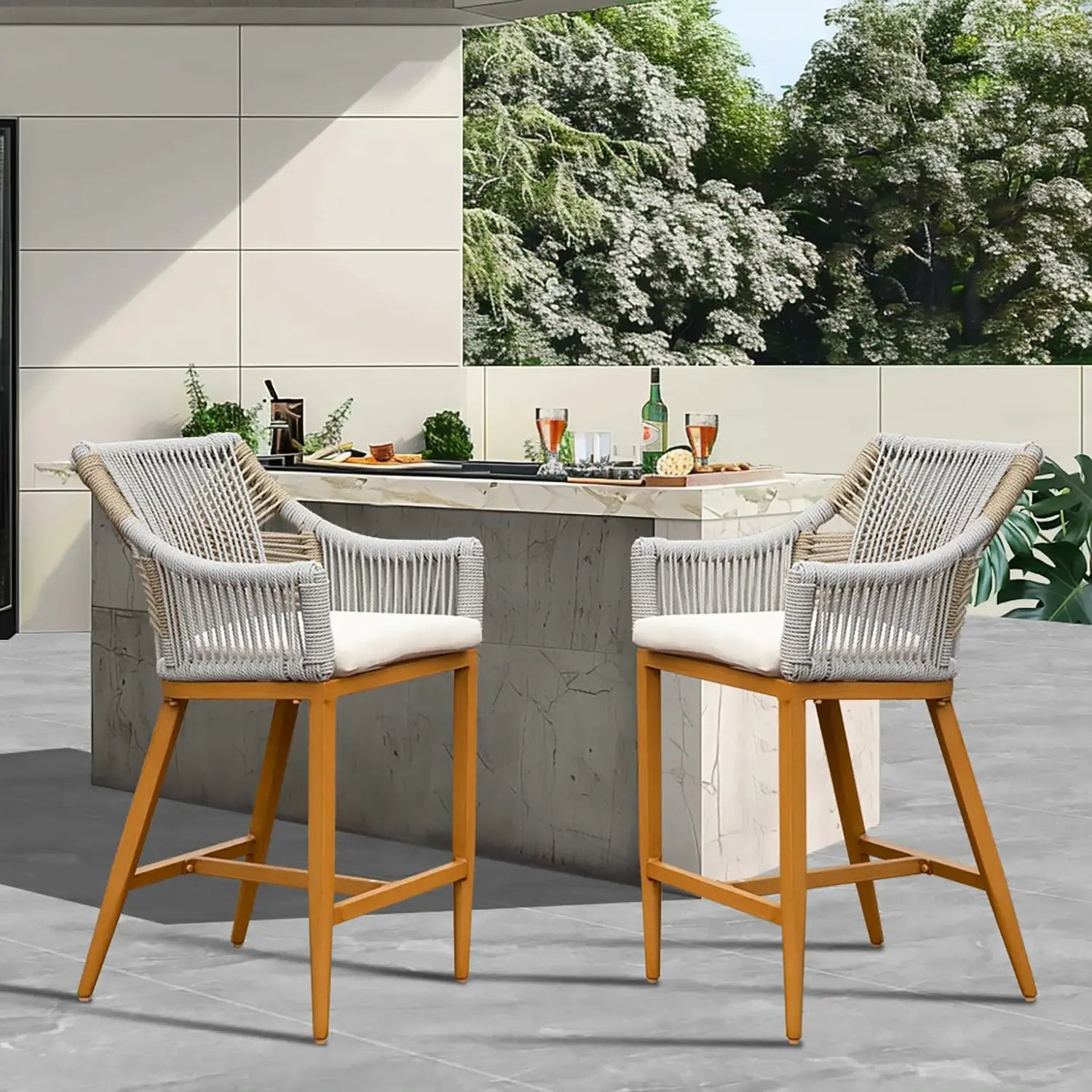 Domi Outdoor Barhocker 2er-Set In Holzoptik Mit Hochwertigem Seilgeflecht Wetterfeste Barstühle Aus Aluminium Inklusive Sitzkissen Für Garten Und Terrasse