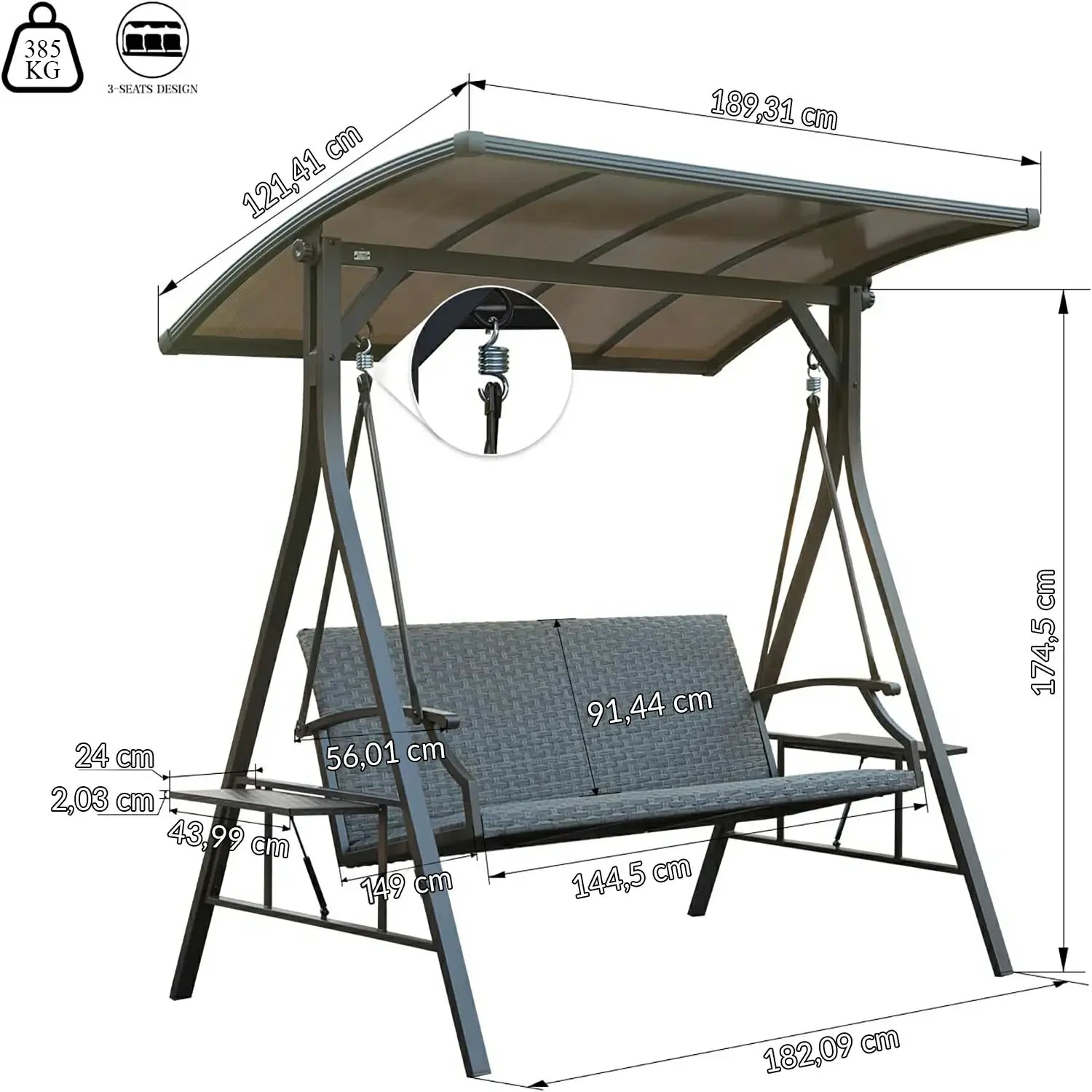 Domi Hollywoodschaukel 3-Sitzer mit Polycarbonat-Hardtop – Wetterfeste Gartenschaukel aus Polyrattan mit Seitentischen, Grau
