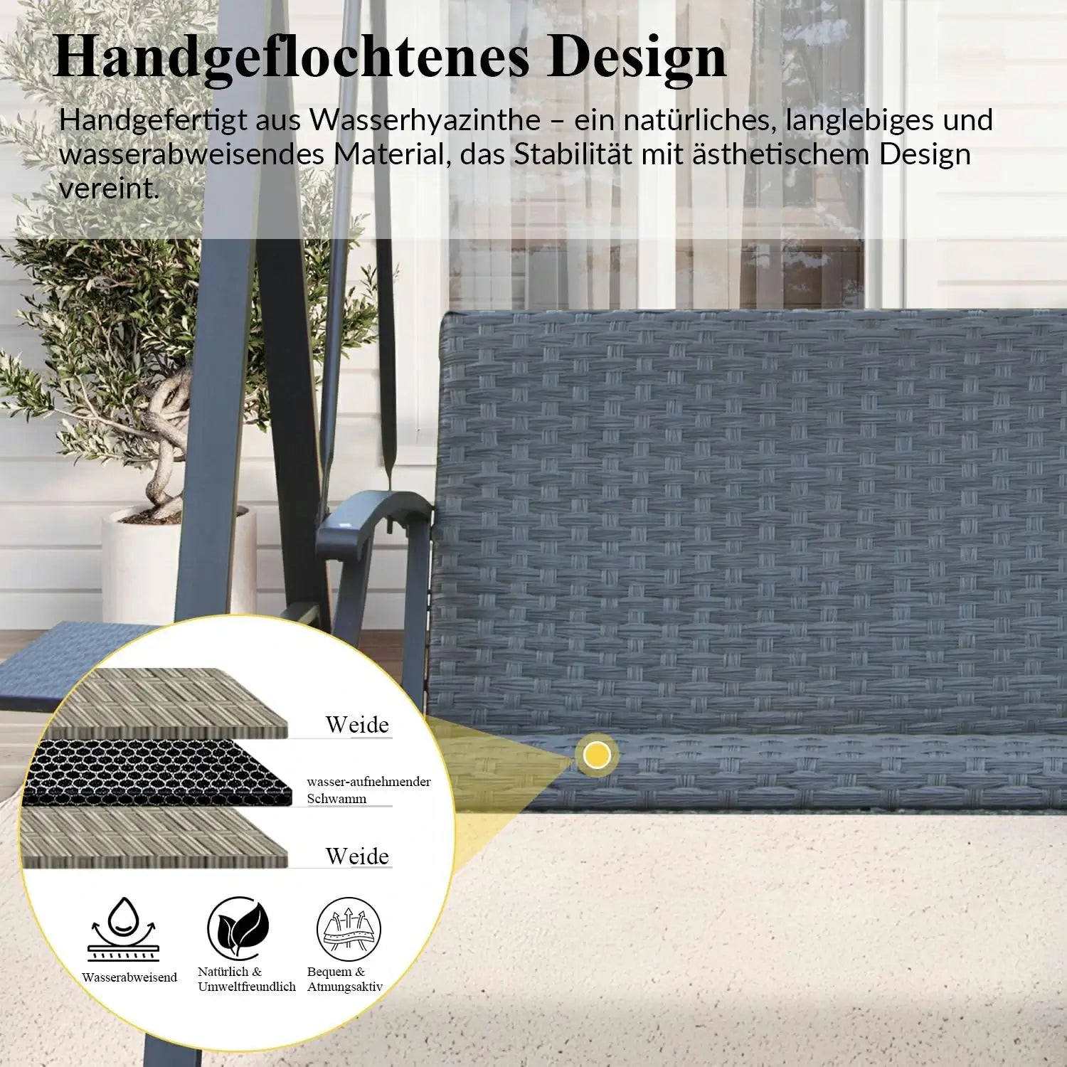 Domi Hollywoodschaukel 3-Sitzer mit Polycarbonat-Hardtop – Wetterfeste Gartenschaukel aus Polyrattan mit Seitentischen, Grau