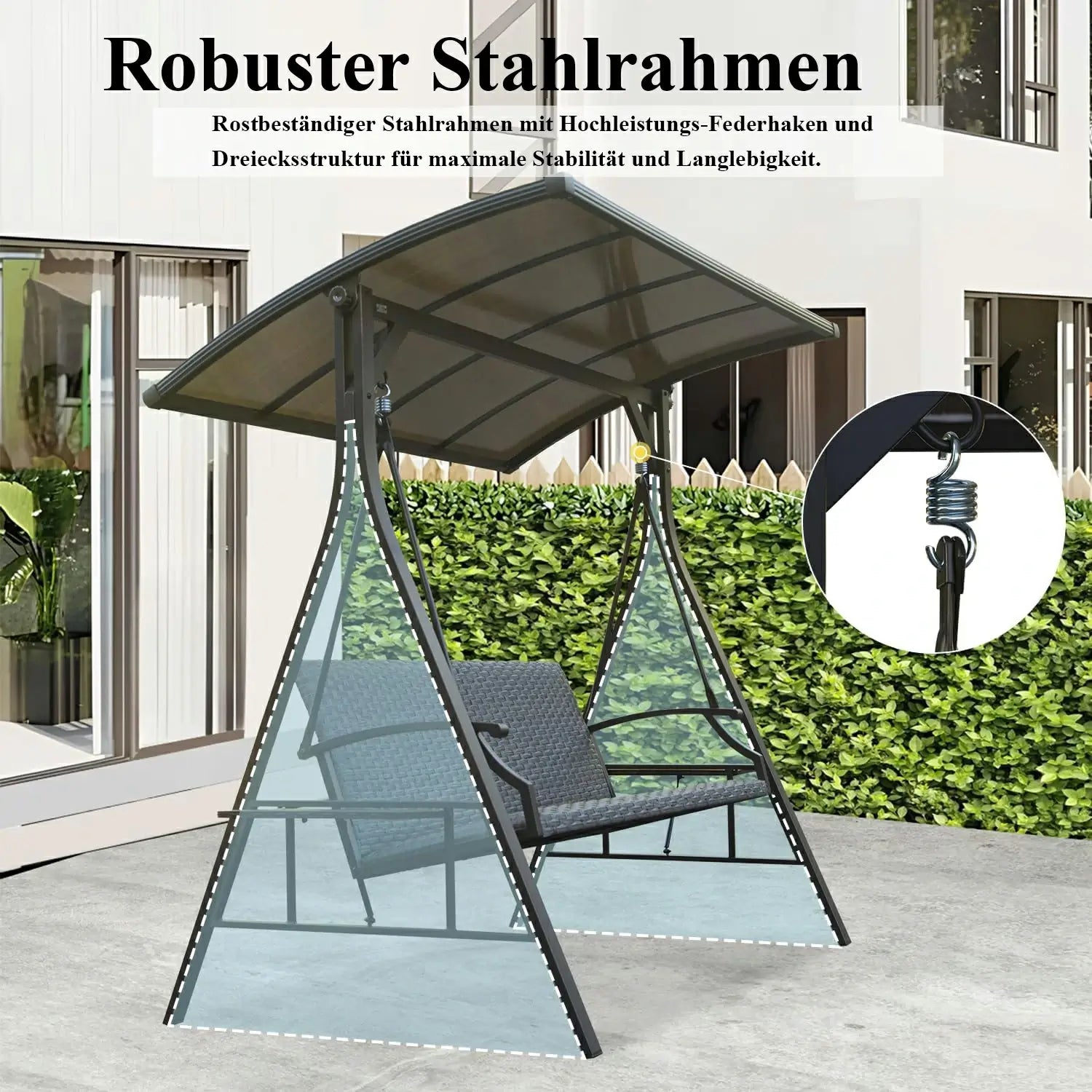 Domi Hollywoodschaukel 3-Sitzer mit Polycarbonat-Hardtop – Wetterfeste Gartenschaukel aus Polyrattan mit Seitentischen, Grau