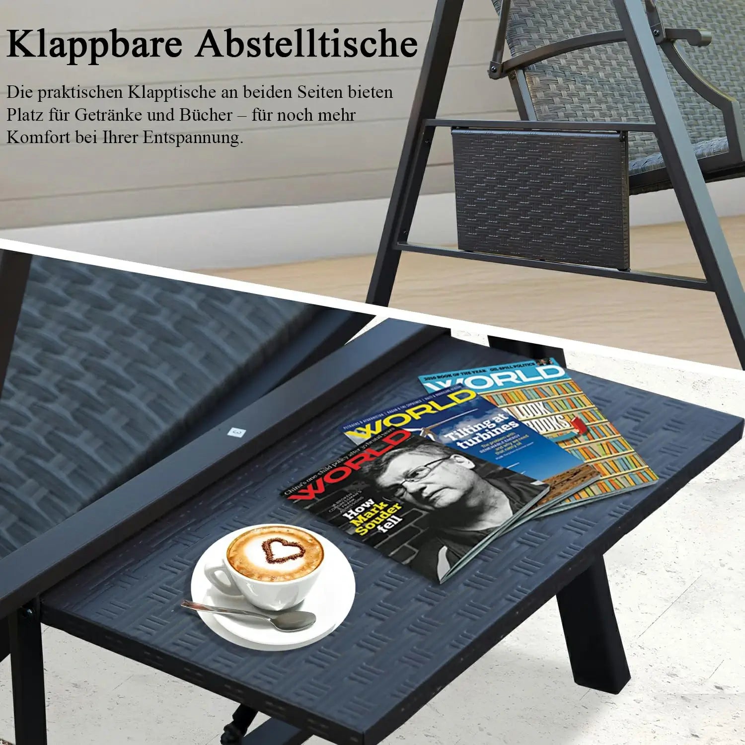 Domi Hollywoodschaukel 3-Sitzer mit Polycarbonat-Hardtop – Wetterfeste Gartenschaukel aus Polyrattan mit Seitentischen, Grau