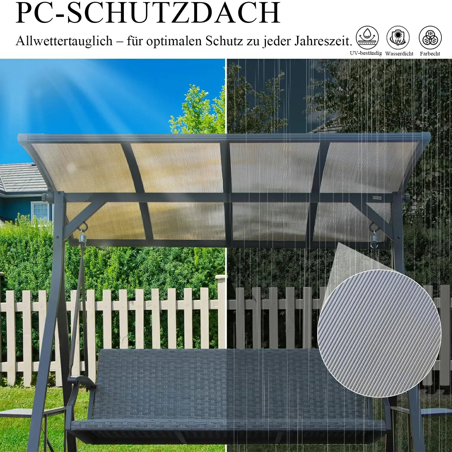 Domi Hollywoodschaukel 3-Sitzer mit Polycarbonat-Hardtop – Wetterfeste Gartenschaukel aus Polyrattan mit Seitentischen, Grau