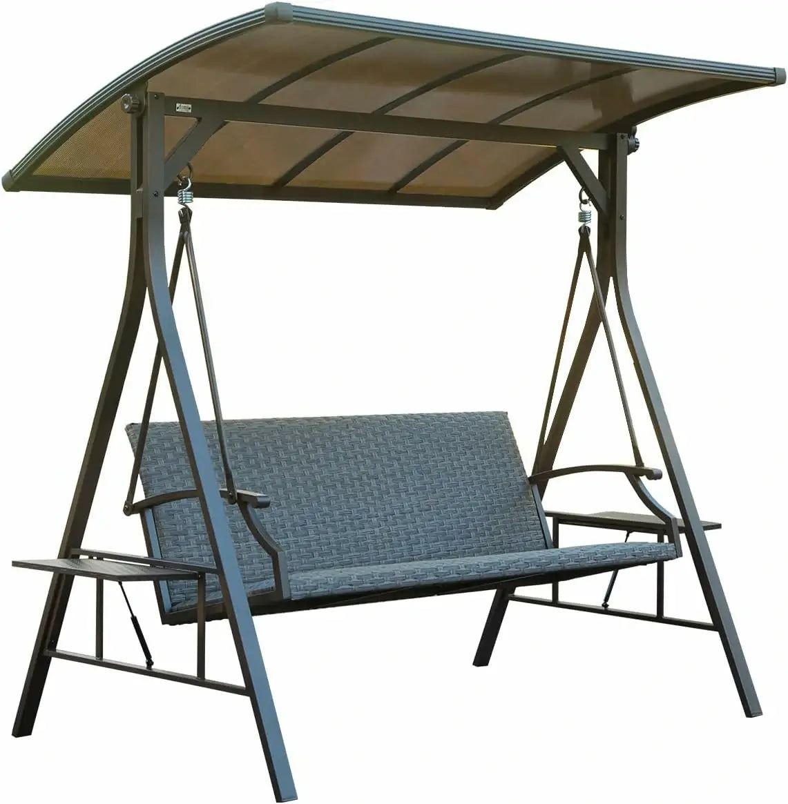 Domi Hollywoodschaukel 3-Sitzer mit Polycarbonat-Hardtop – Wetterfeste Gartenschaukel aus Polyrattan mit Seitentischen, Grau