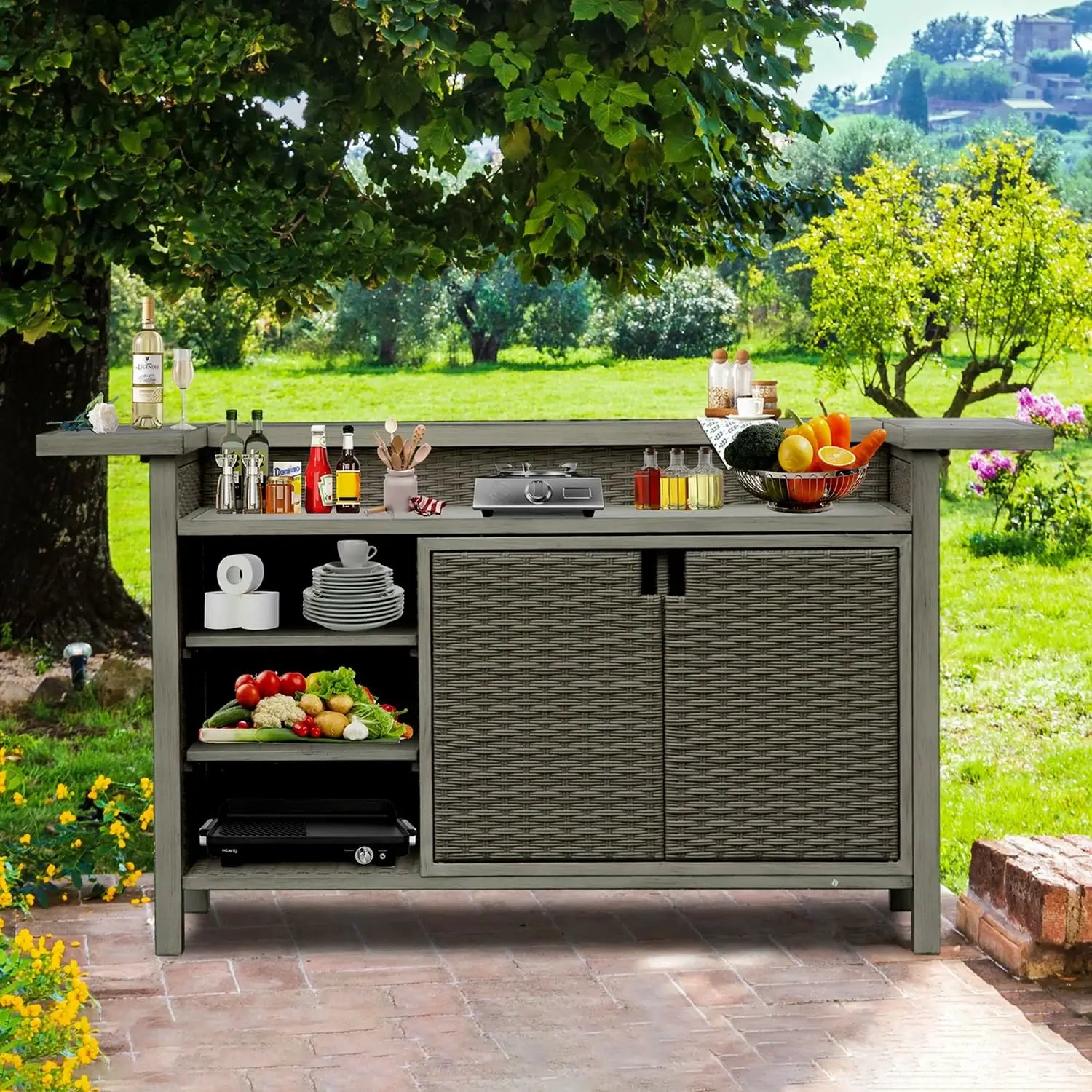 Domi Moderne Gartenbar aus Polyrattan – Wetterfester Bartisch mit Aluminiumrahmen & Stauraum, Grau