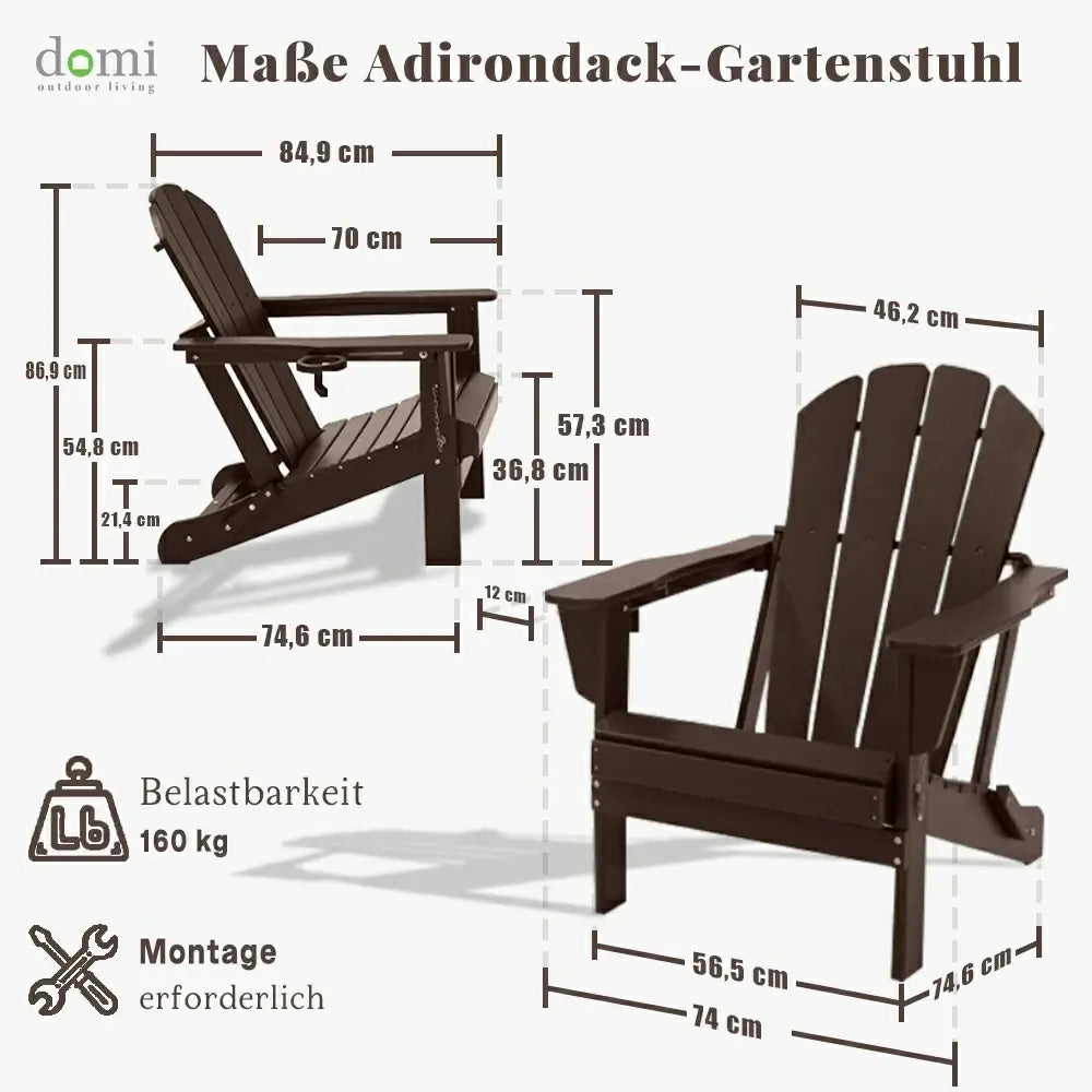 Domi Klassischer Adirondack-Sessel aus HDPE, wetterfester Gartenstuhl mit Getränkehalter #Farbe_Braun