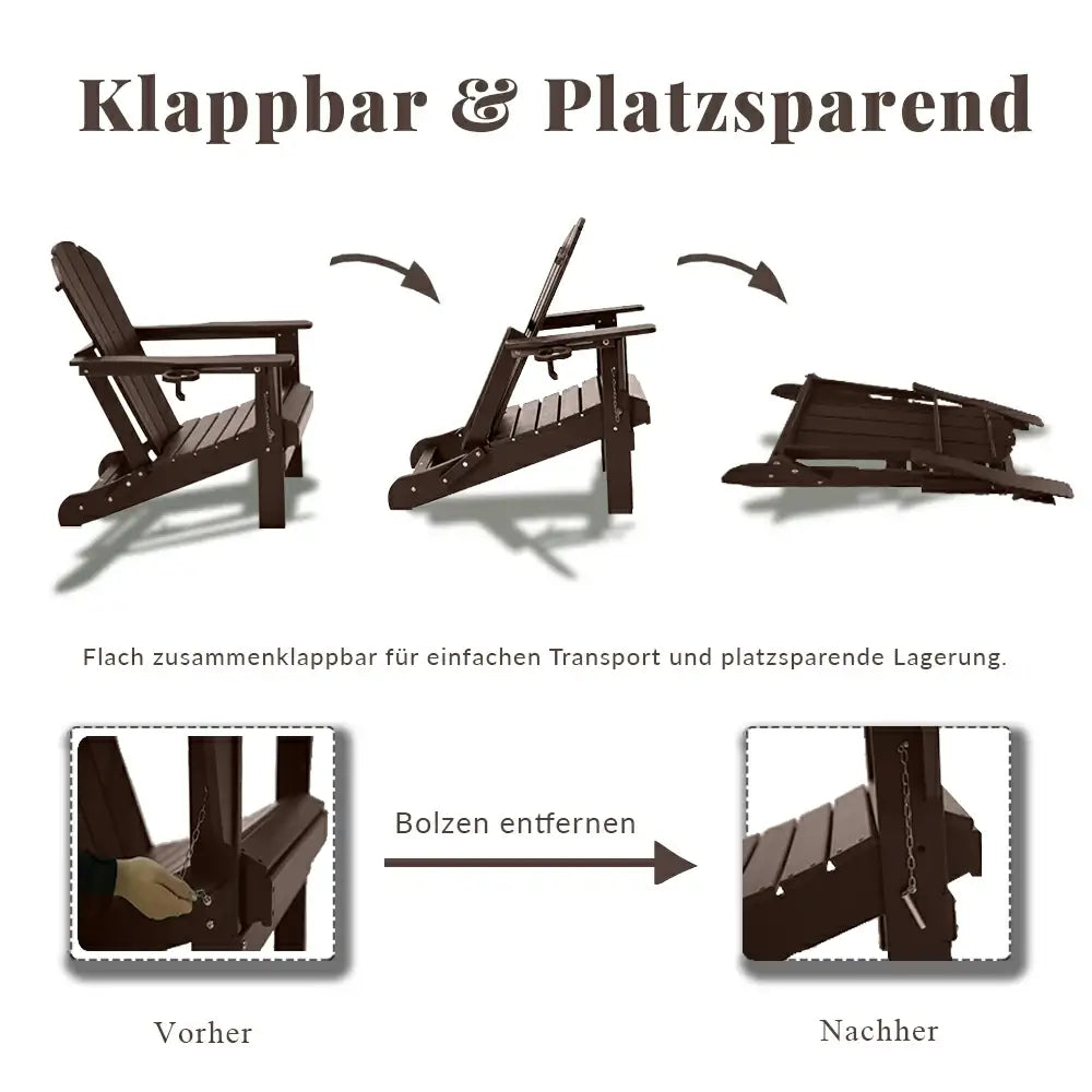 Domi Klassischer Adirondack-Sessel aus HDPE, wetterfester Gartenstuhl mit Getränkehalter #Farbe_Braun