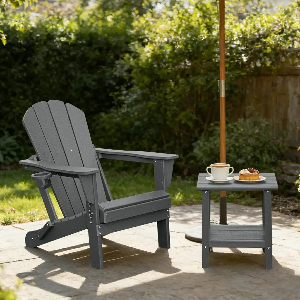 Domi Klassischer Adirondack-Sessel aus HDPE, wetterfester Gartenstuhl mit Getränkehalter #Farbe_Grau