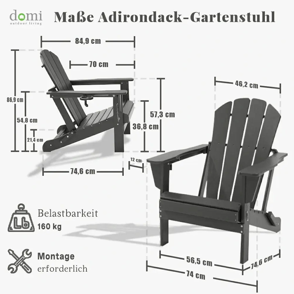 Domi Klassischer Adirondack-Sessel aus HDPE, wetterfester Gartenstuhl mit Getränkehalter #Farbe_Grau