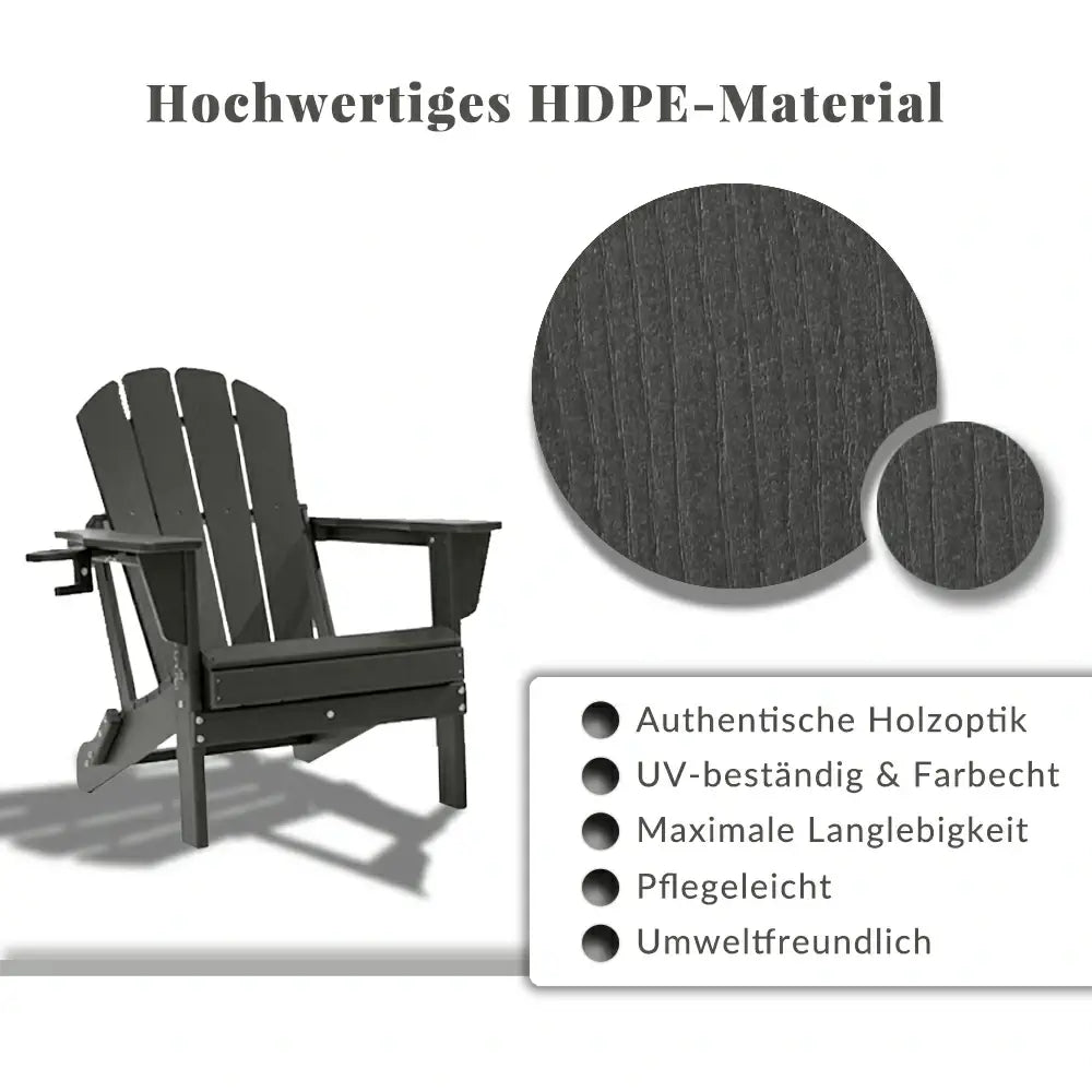 Domi Klassischer Adirondack-Sessel aus HDPE, wetterfester Gartenstuhl mit Getränkehalter #Farbe_Grau