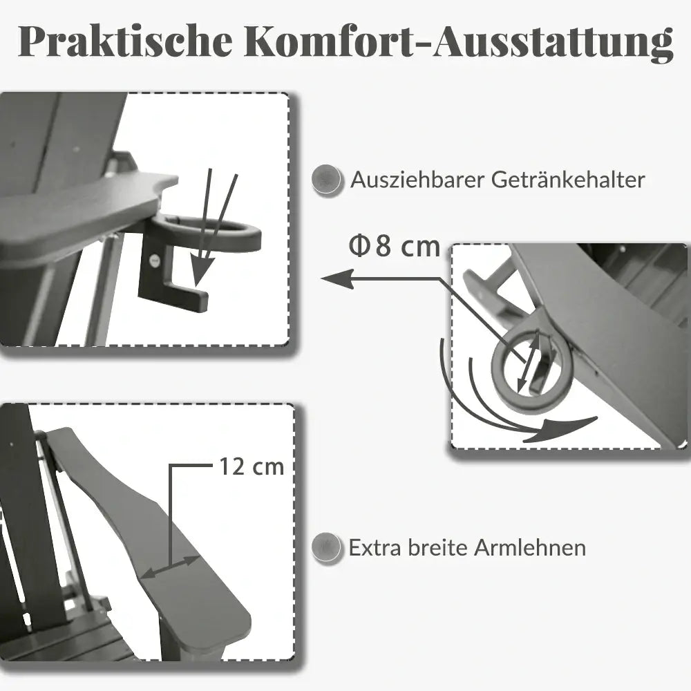 Domi Klassischer Adirondack-Sessel aus HDPE, wetterfester Gartenstuhl mit Getränkehalter #Farbe_Grau