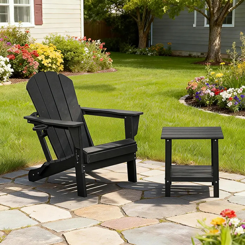 Domi Klassischer Adirondack-Sessel aus HDPE, wetterfester Gartenstuhl mit Getränkehalter #Farbe_Schwarz