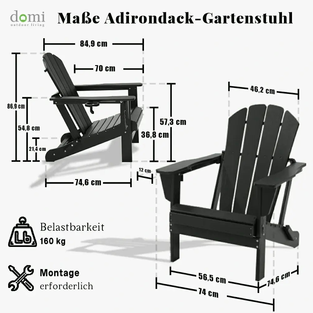 Domi Klassischer Adirondack-Sessel aus HDPE, wetterfester Gartenstuhl mit Getränkehalter #Farbe_Schwarz