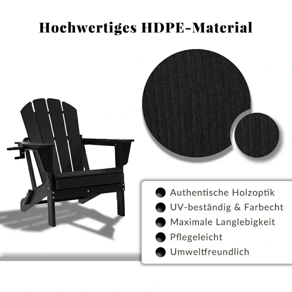 Domi Klassischer Adirondack-Sessel aus HDPE, wetterfester Gartenstuhl mit Getränkehalter #Farbe_Schwarz