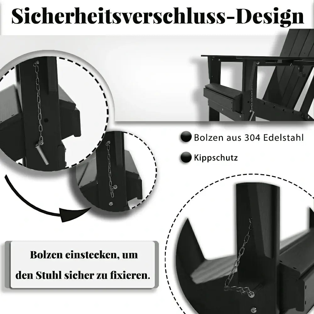 Domi Klassischer Adirondack-Sessel aus HDPE, wetterfester Gartenstuhl mit Getränkehalter #Farbe_Schwarz