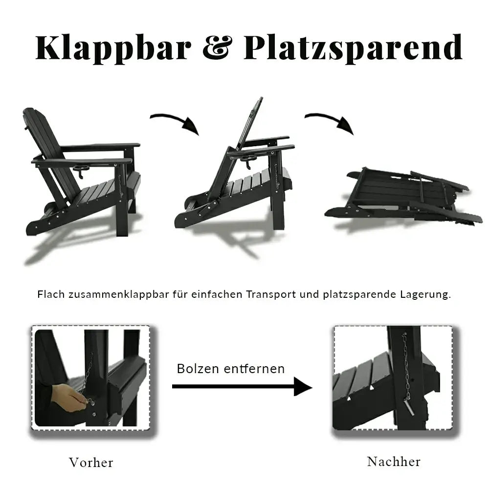 Domi Klassischer Adirondack-Sessel aus HDPE, wetterfester Gartenstuhl mit Getränkehalter #Farbe_Schwarz