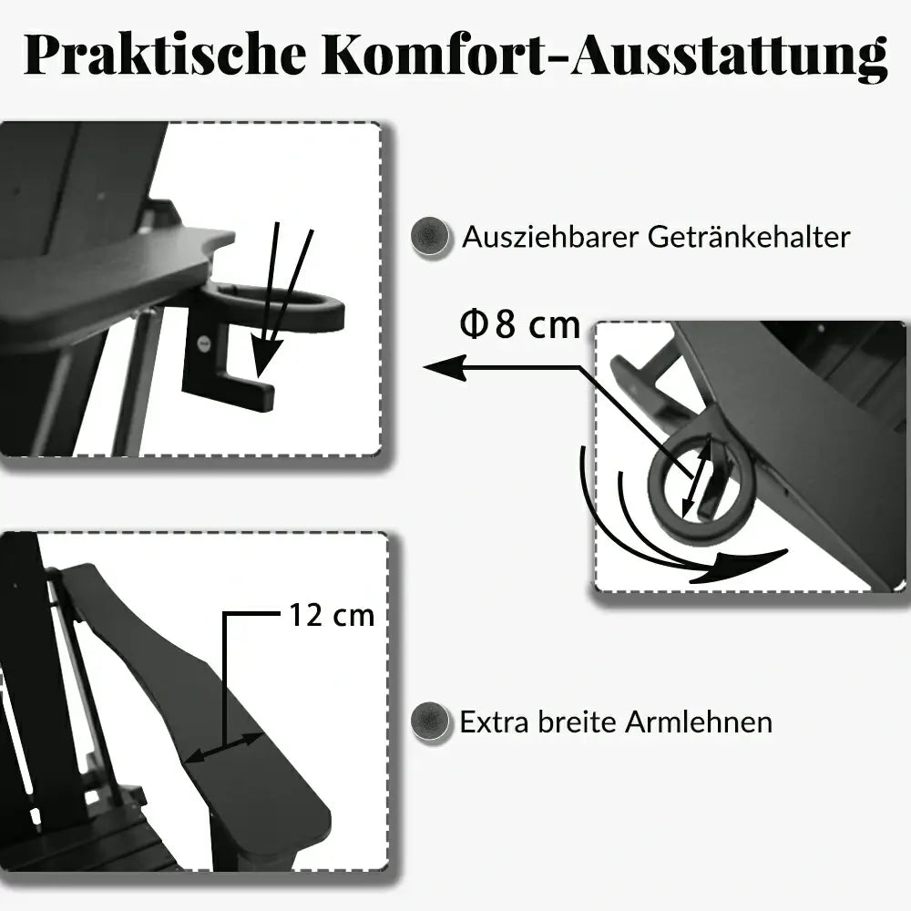 Domi Klassischer Adirondack-Sessel aus HDPE, wetterfester Gartenstuhl mit Getränkehalter #Farbe_Schwarz