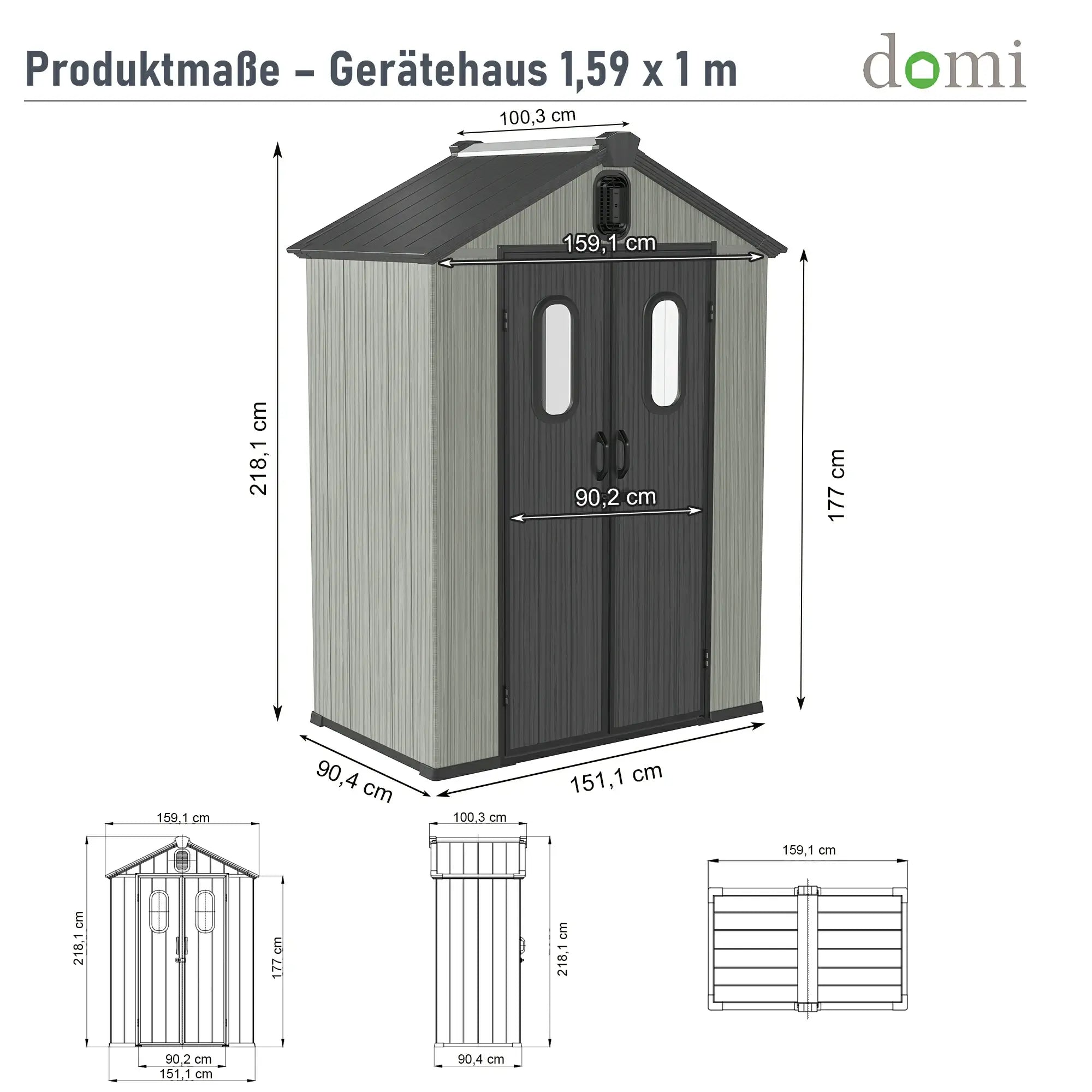Domi Gerätehaus aus Kunstharz mit Satteldach Grau, wetterfester Geräteschuppen für den Garten #Größe_1,59 x 1 m
