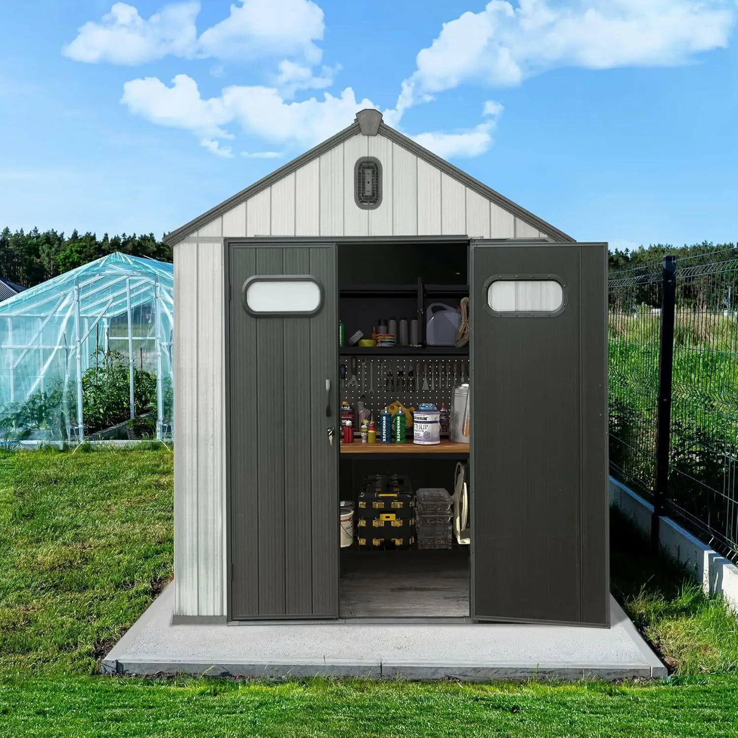 Domi Gerätehaus aus Kunstharz mit Satteldach Grau, wetterfester Geräteschuppen für den Garten #Größe_1,82 x 1,27 m