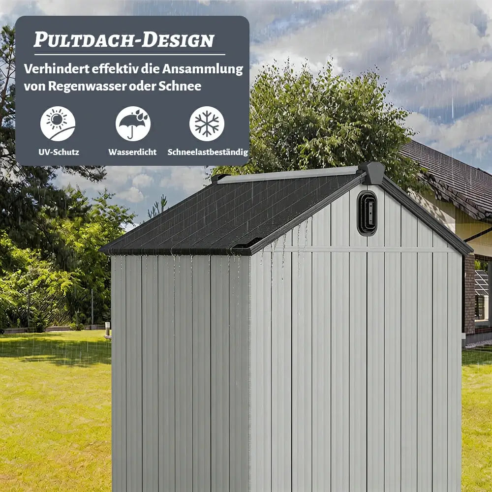 Domi Gerätehaus aus Kunstharz mit Satteldach Grau, wetterfester Geräteschuppen für den Garten #Größe_1,82 x 1,27 m