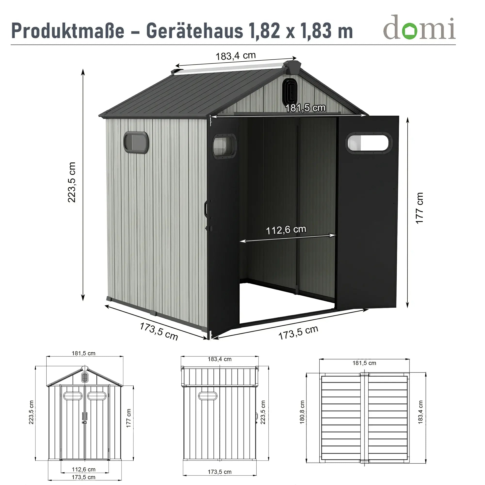 Domi Gerätehaus aus Kunstharz mit Satteldach Grau, wetterfester Geräteschuppen für den Garten #Größe_1,82 x 1,83 m
