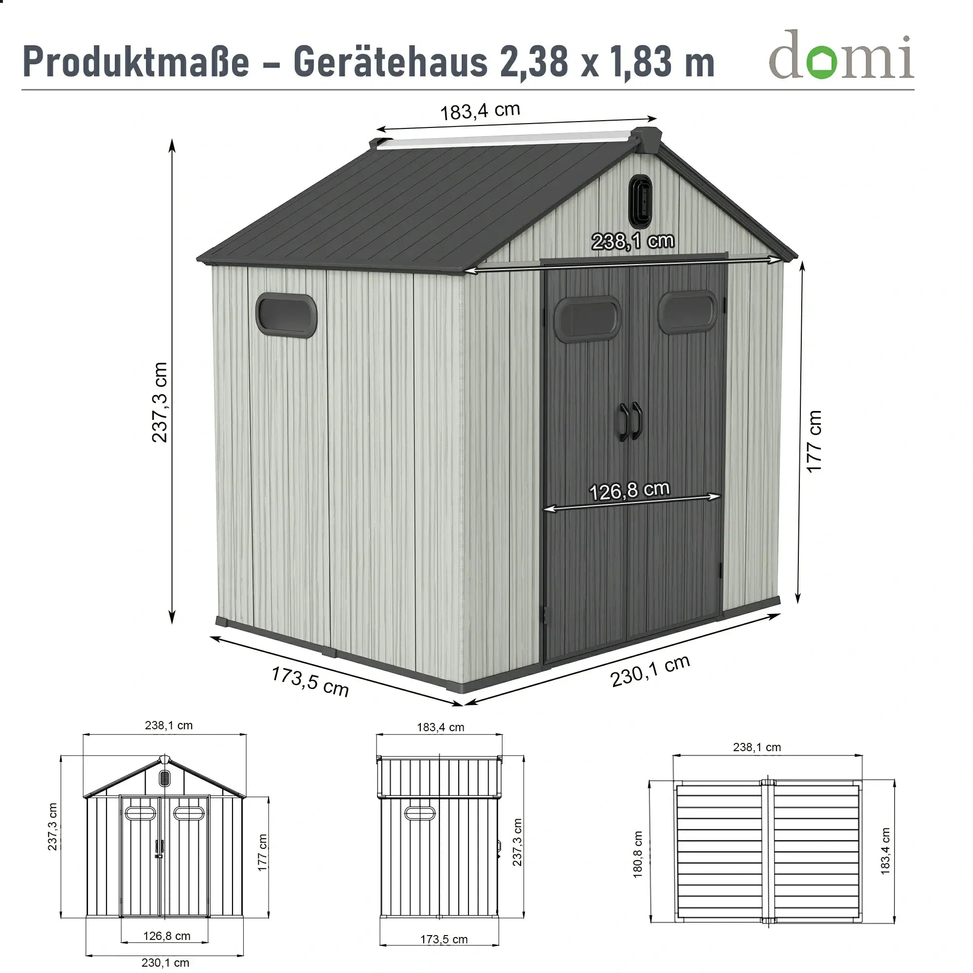 Domi Gerätehaus aus Kunstharz mit Satteldach Grau, wetterfester Geräteschuppen für den Garten #Größe_2,38 x 1,83 m