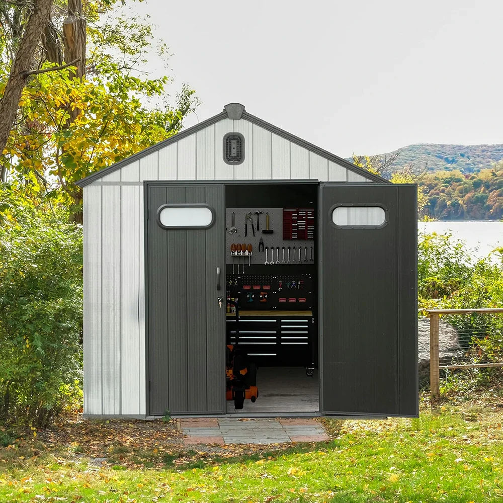 Domi Gerätehaus aus Kunstharz mit Satteldach Grau, wetterfester Geräteschuppen für den Garten #Größe_2,38 x 2,4 m