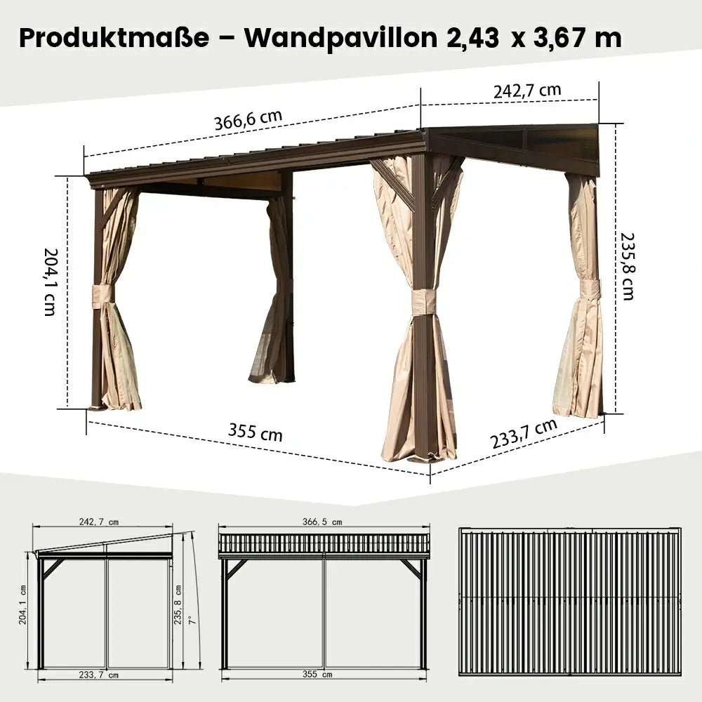 Domi Hardtop Wandpavillon Braun Anlehnpavillon #Größe_2,43 x 3,67 m