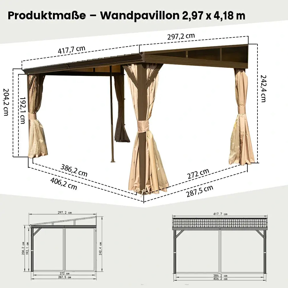Domi Hardtop Wandpavillon Braun Anlehnpavillon #Größe_2,97 x 4,18 m