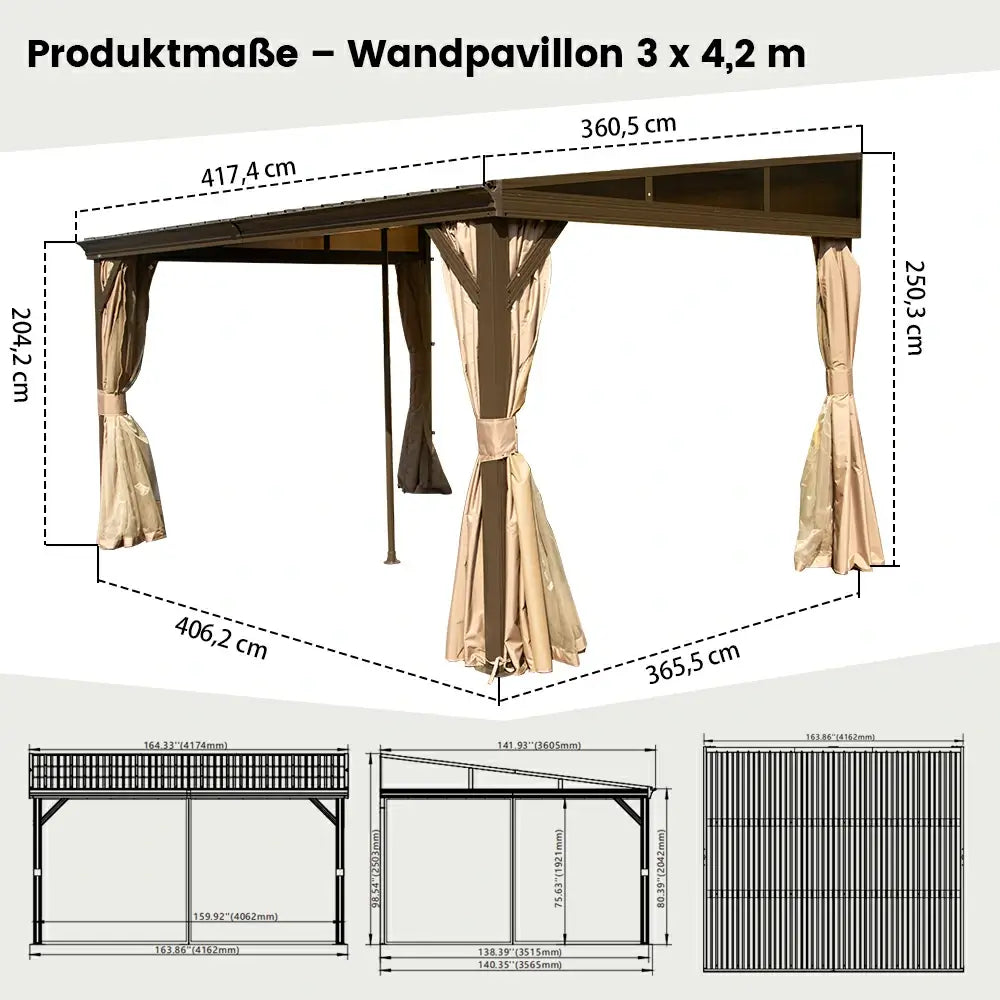 Domi Hardtop Wandpavillon Braun Anlehnpavillon #Größe_3,61 x 4,17 m