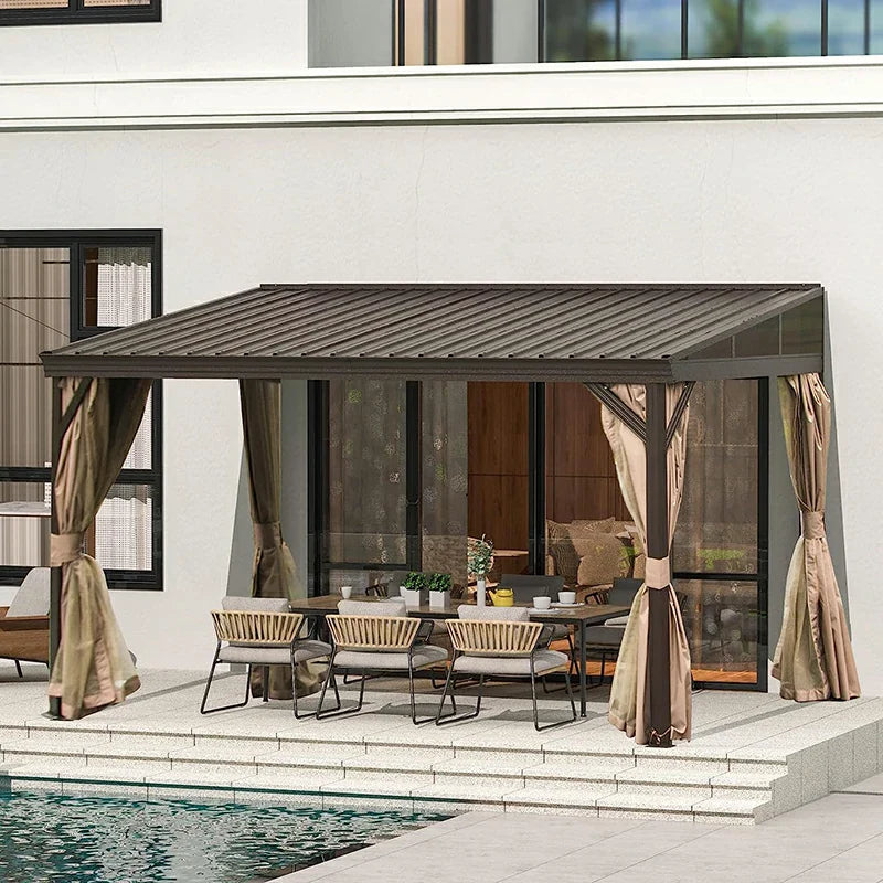 Domi Hardtop Wandpavillon Braun Anlehnpavillon #Größe_3,61 x 4,18 m