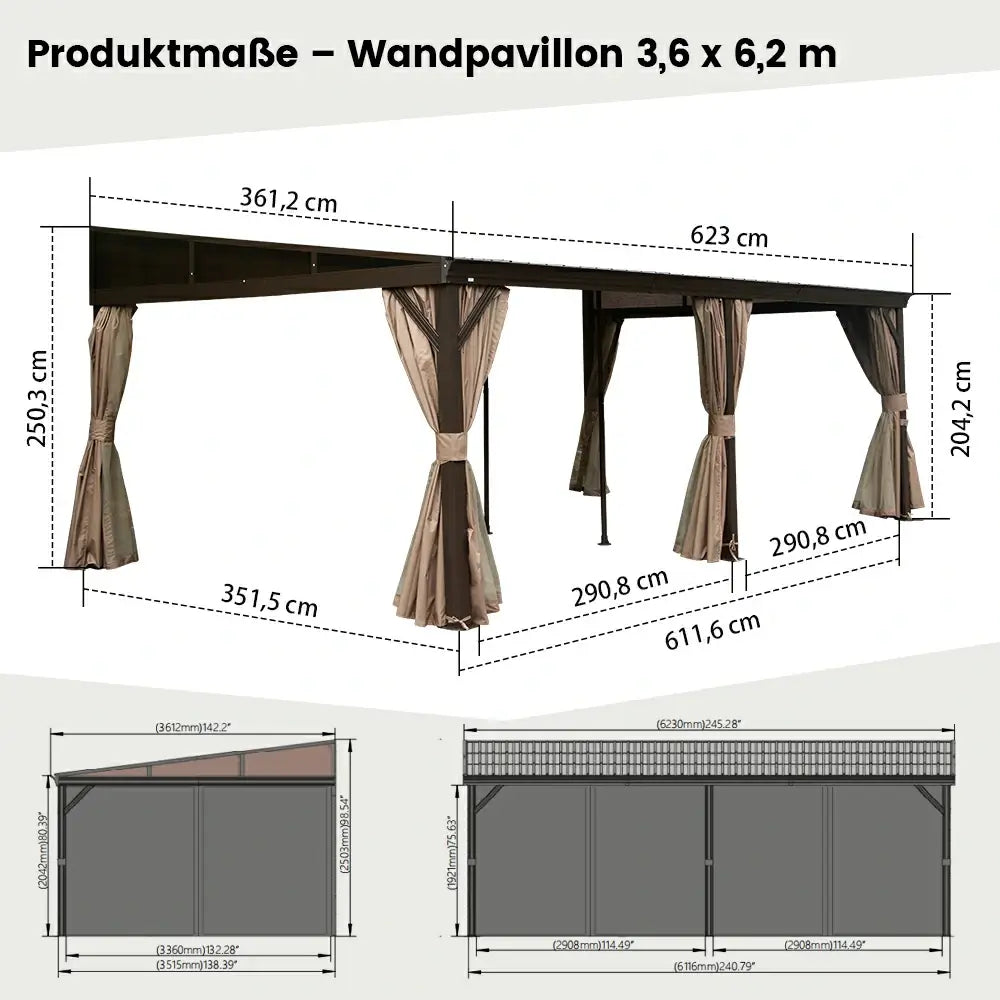 Domi Hardtop Wandpavillon Braun Anlehnpavillon #Größe_3,61 x 6,23 m