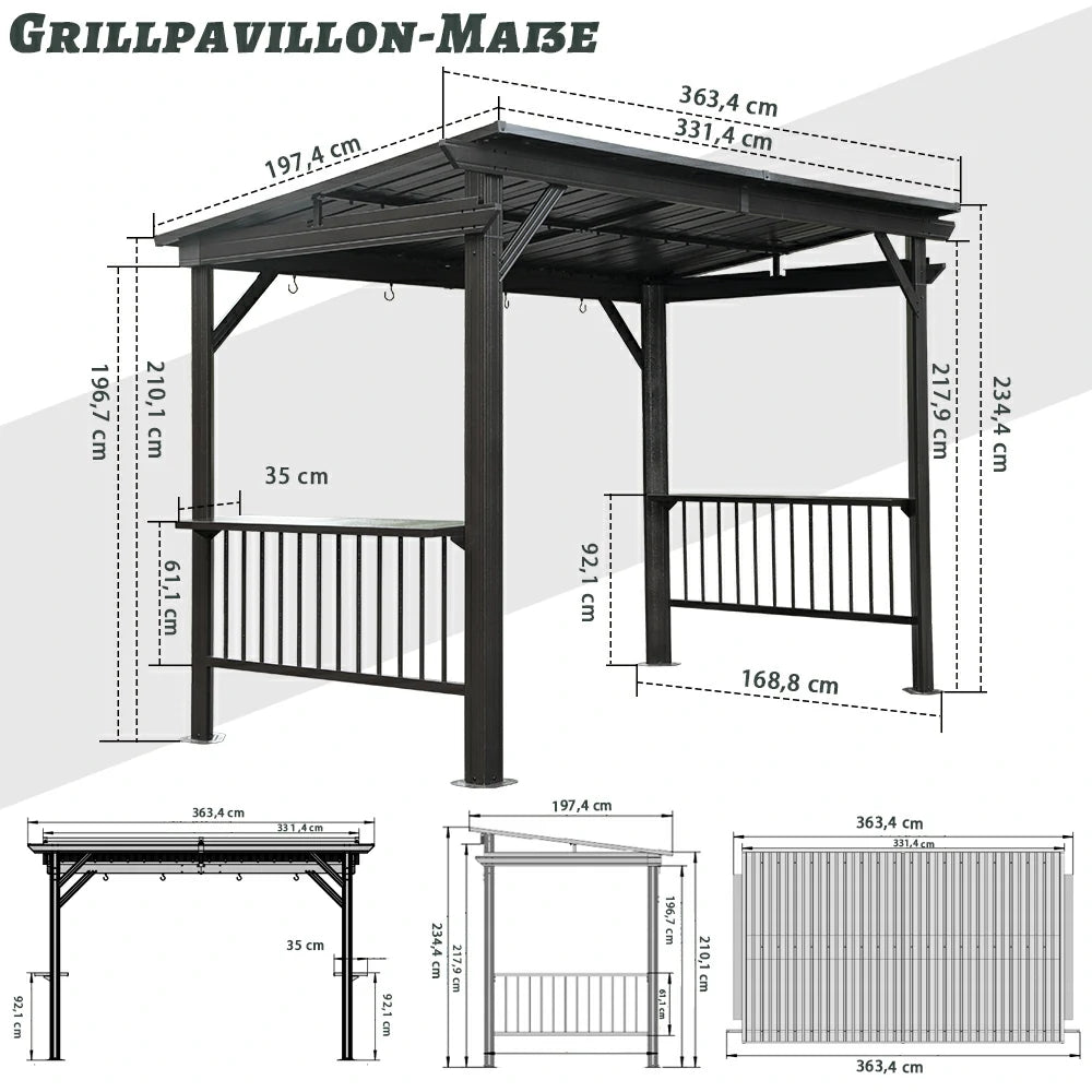 Domi Hardtop Grillpavillon 2 x 3,6 m – Moderne Grillüberdachung mit Pultdach, Anthrazit