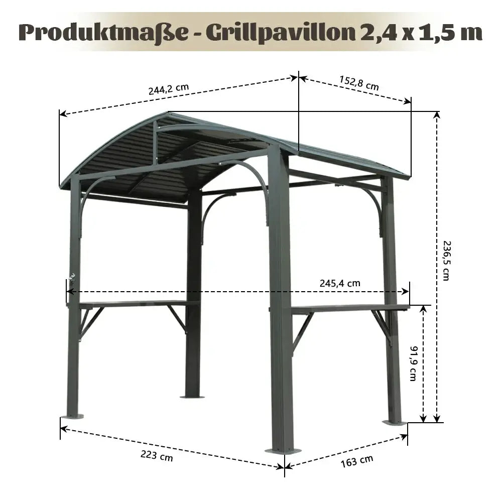 Domi Hardtop Grillpavillon 2,4 x 1,5 m in Anthrazit mit modernem Rundbogendach, wetterfeste Grillüberdachung für den Garten.