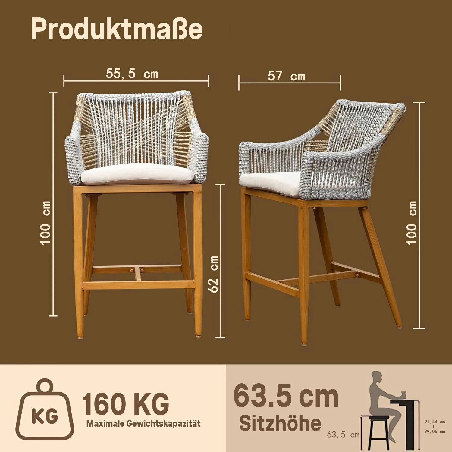 Domi Outdoor Barhocker 2er-Set In Holzoptik Mit Hochwertigem Seilgeflecht Wetterfeste Barstühle Aus Aluminium Inklusive Sitzkissen Für Garten Und Terrasse