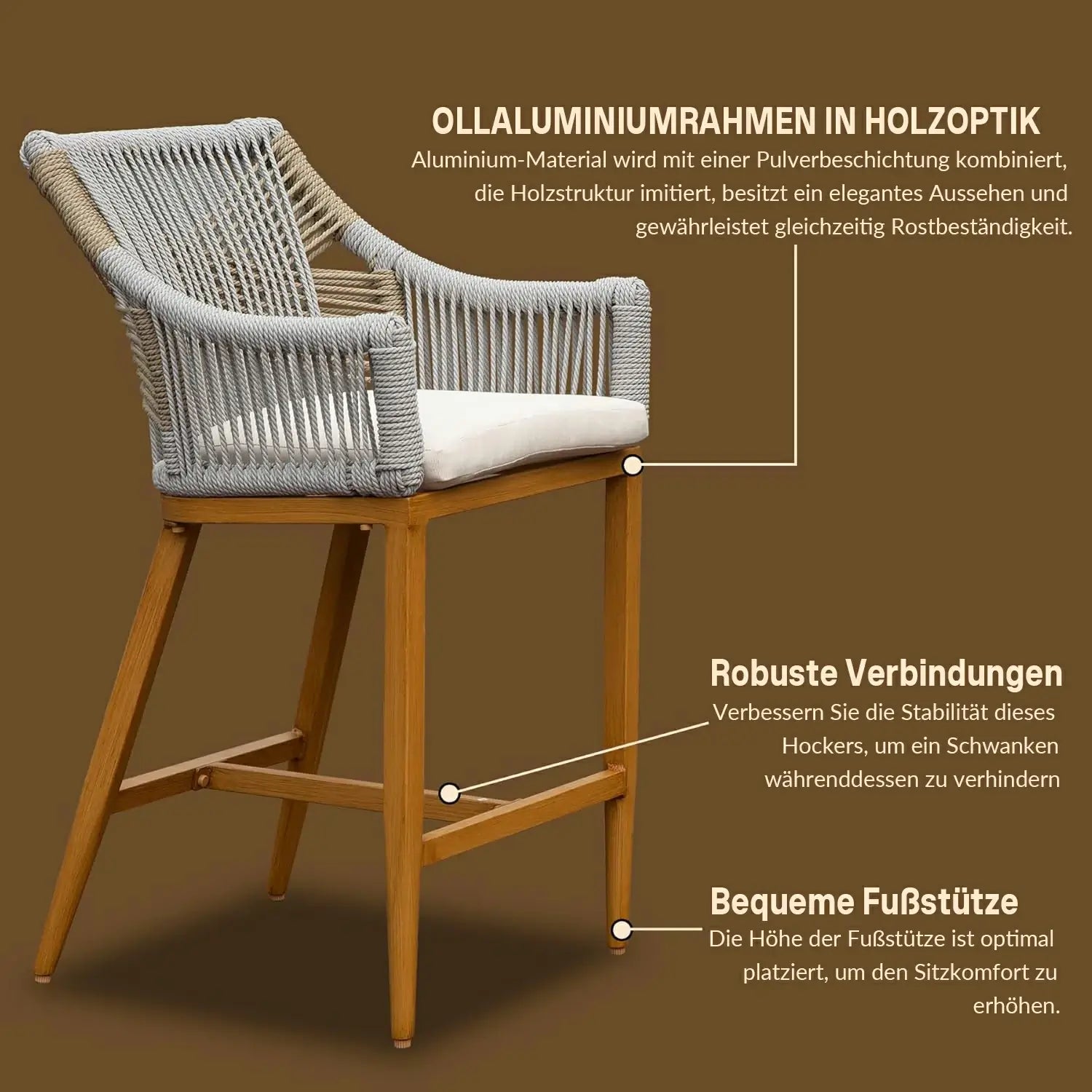 Domi Outdoor Barhocker 2er-Set In Holzoptik Mit Hochwertigem Seilgeflecht Wetterfeste Barstühle Aus Aluminium Inklusive Sitzkissen Für Garten Und Terrasse